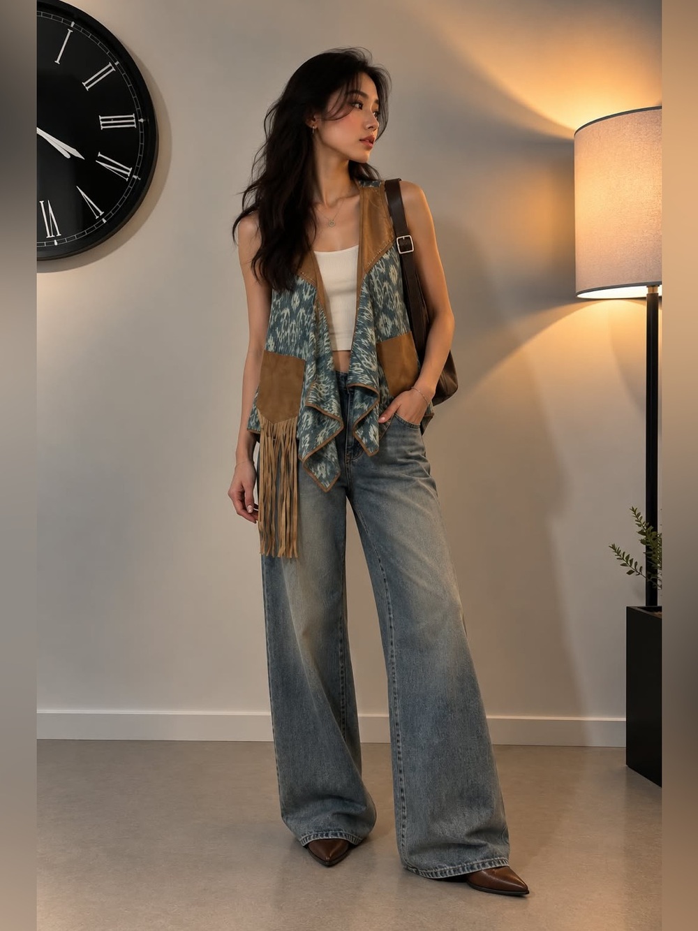 Designer Laura Siegel Boho Fringe Vest in Blue Ikat with Tan Suede Accents